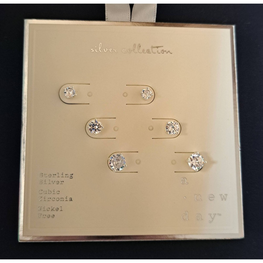 Women's Sterling Silver Stud Earrings Set of 3 Post Round CZ 3pc 965-200-CB6